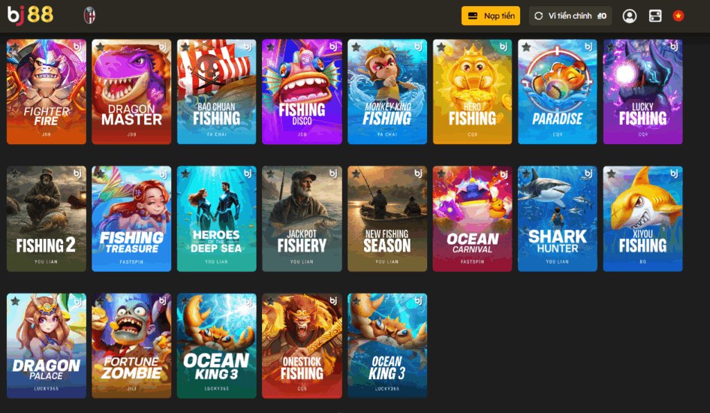 Sảnh bắn cá đổi thưởng BJ88 với nhiều nhà cung cấp uy tín như Jili, KA Gaming, JDB, Rich88,...